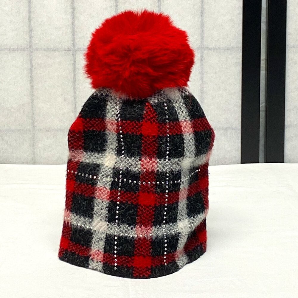 Rhinestone Bling Fuzzy Beanie Hat Pom Pom Plaid Red Black White Warm Winter Chic